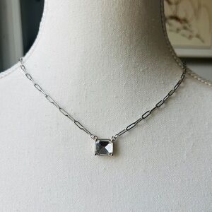 Dainty Silver Plated Flat Paper Chain with Clear Faux Crystal Rectangle